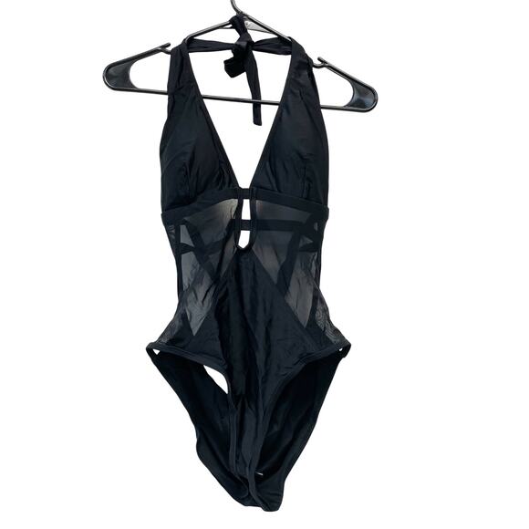 Cupshe Women's Mesh Plunging Halter One Piece Swimsuit Black Size Medium - Picture 3 of 7
